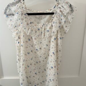 LOFT Floral Ruffle Blouse - Cream and Blue